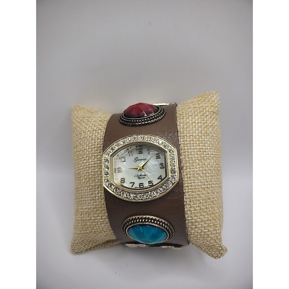 Vintage Geneva Wristwatch Watch Band Wrap Brown Beaded Crystals New Battery